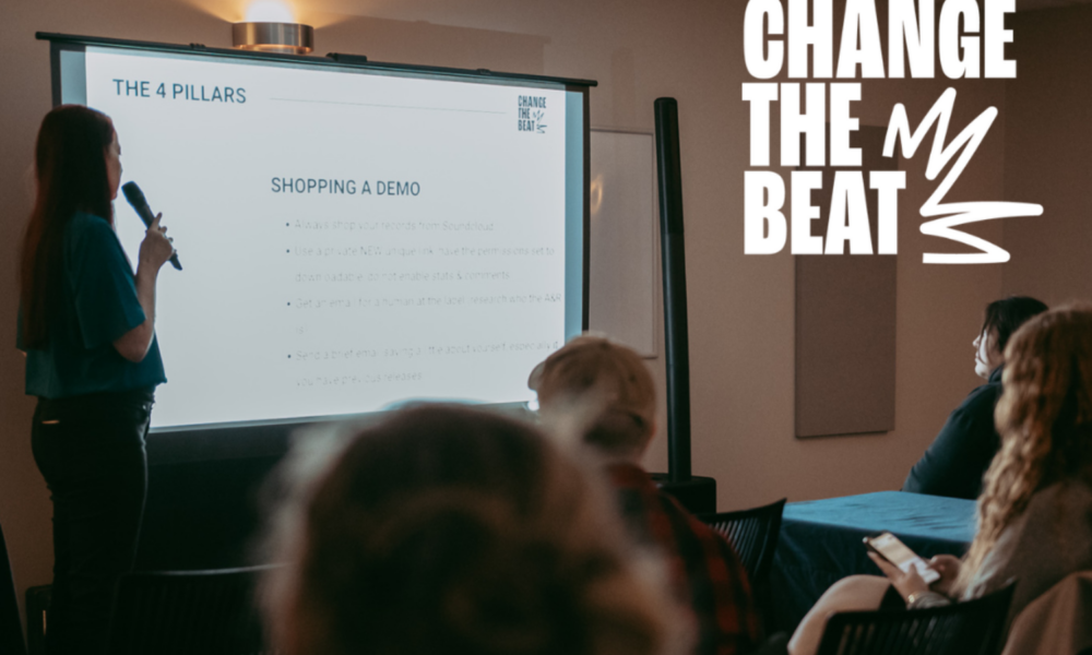 A Change the Beat workshop with a speaker presenting The 4 Pillars to electronic music artists and industry attendees.