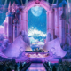 The Magic of Tomorrowland stage in Shanghai featuring a large fantasy castle design, moonlit backdrop, giant open books and a packed indoor audience.
