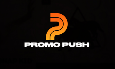 The logo of Promo Push, who offer Dance radio promotion and Spotify playlist promotion, with an orange gradient P icon above white Promo Push lettering on a black background