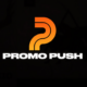The logo of Promo Push, who offer Dance radio promotion and Spotify playlist promotion, with an orange gradient P icon above white Promo Push lettering on a black background