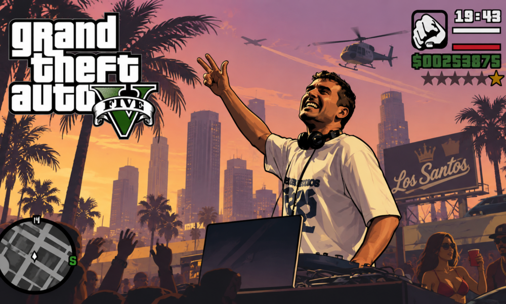 GTA V-style artwork depicting a DJ raising a hand to a sunset skyline, referencing Fred again..'s GTA VI announcement