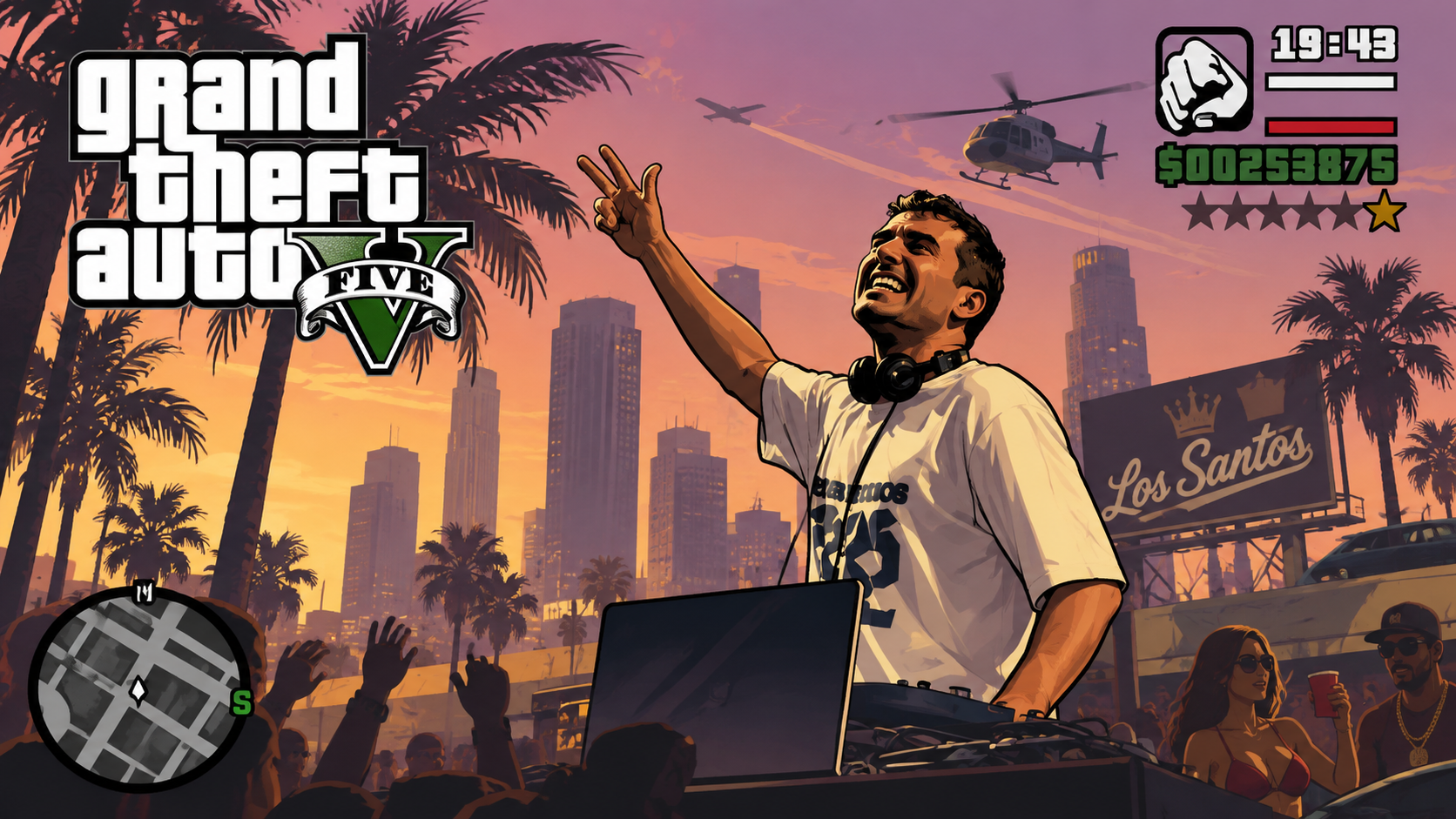 GTA V-style artwork depicting a DJ raising a hand to a sunset skyline, referencing Fred again..'s GTA VI announcement