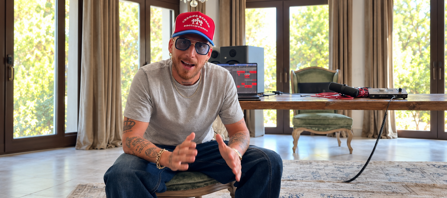 HUGEL sitting in a home studio wearing a red cap and sunglasses, gesturing while speaking to camera, with production equipment visible behind him