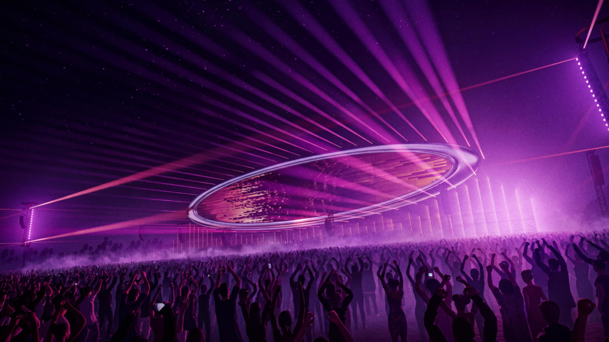 Head Trip stage design featuring a large circular overhead structure, purple lighting and a crowd in front of the stage
