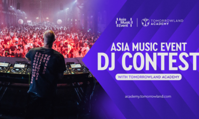Asia Music Event and Tomorrowland Academy DJ Contest graphic showing a DJ performing in front of a large crowd.