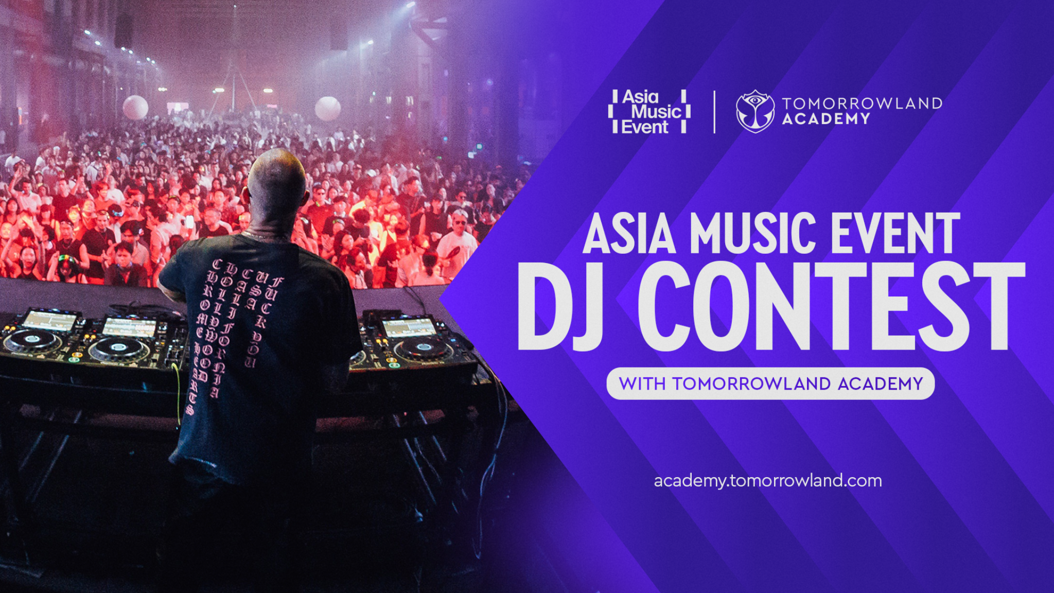 Asia Music Event and Tomorrowland Academy DJ Contest graphic showing a DJ performing in front of a large crowd.