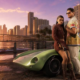 GTA VI promotional image showing two characters beside a green sports car at sunset in Vice City