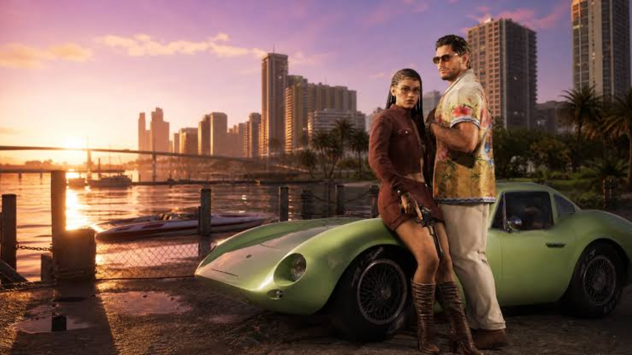 GTA VI promotional image showing two characters beside a green sports car at sunset in Vice City