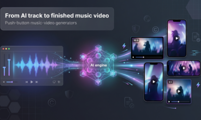 AI-generated music track being processed through a video engine into widescreen, vertical and square music video formats