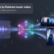 AI-generated music track being processed through a video engine into widescreen, vertical and square music video formats