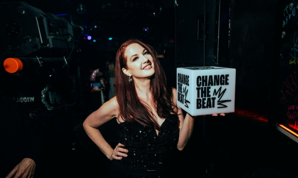 Change the Beat remix competition promotional image for Sara Landry and Alex Farell’s ‘Angel Dust’ with HEKATE Records, supporting women and gender expansive artists.