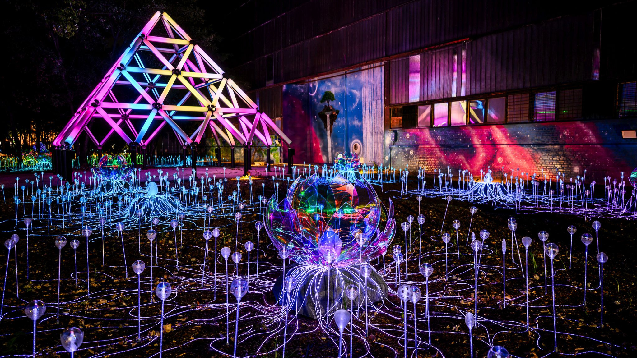 Illuminated installations at Aura Bay Light Park in Budapest, with a multicoloured pyramid and glowing botanical displays on Óbudai Island.