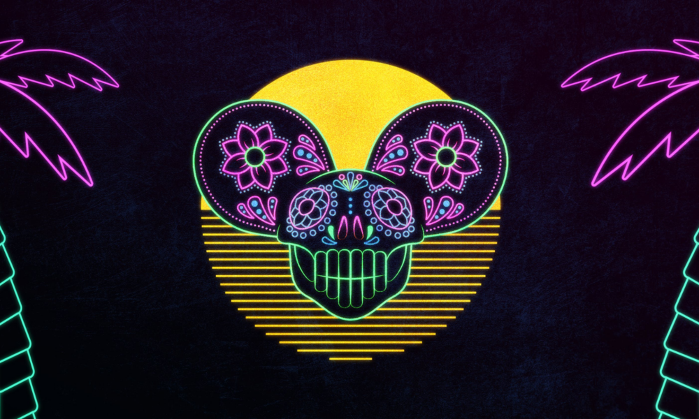 Day of the deadmau5 artwork featuring a neon mouse skull with floral details, palm trees and a glowing sunset