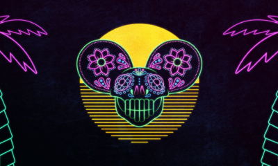 Day of the deadmau5 artwork featuring a neon mouse skull with floral details, palm trees and a glowing sunset