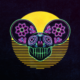 Day of the deadmau5 artwork featuring a neon mouse skull with floral details, palm trees and a glowing sunset