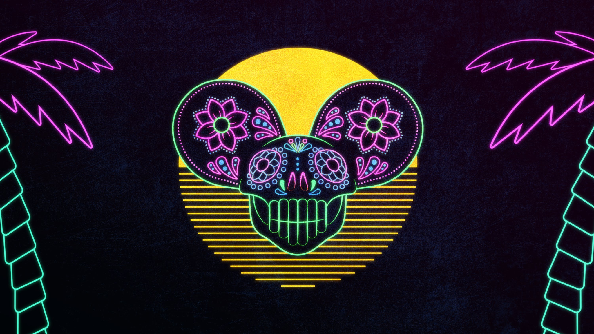 Day of the deadmau5 artwork featuring a neon mouse skull with floral details, palm trees and a glowing sunset