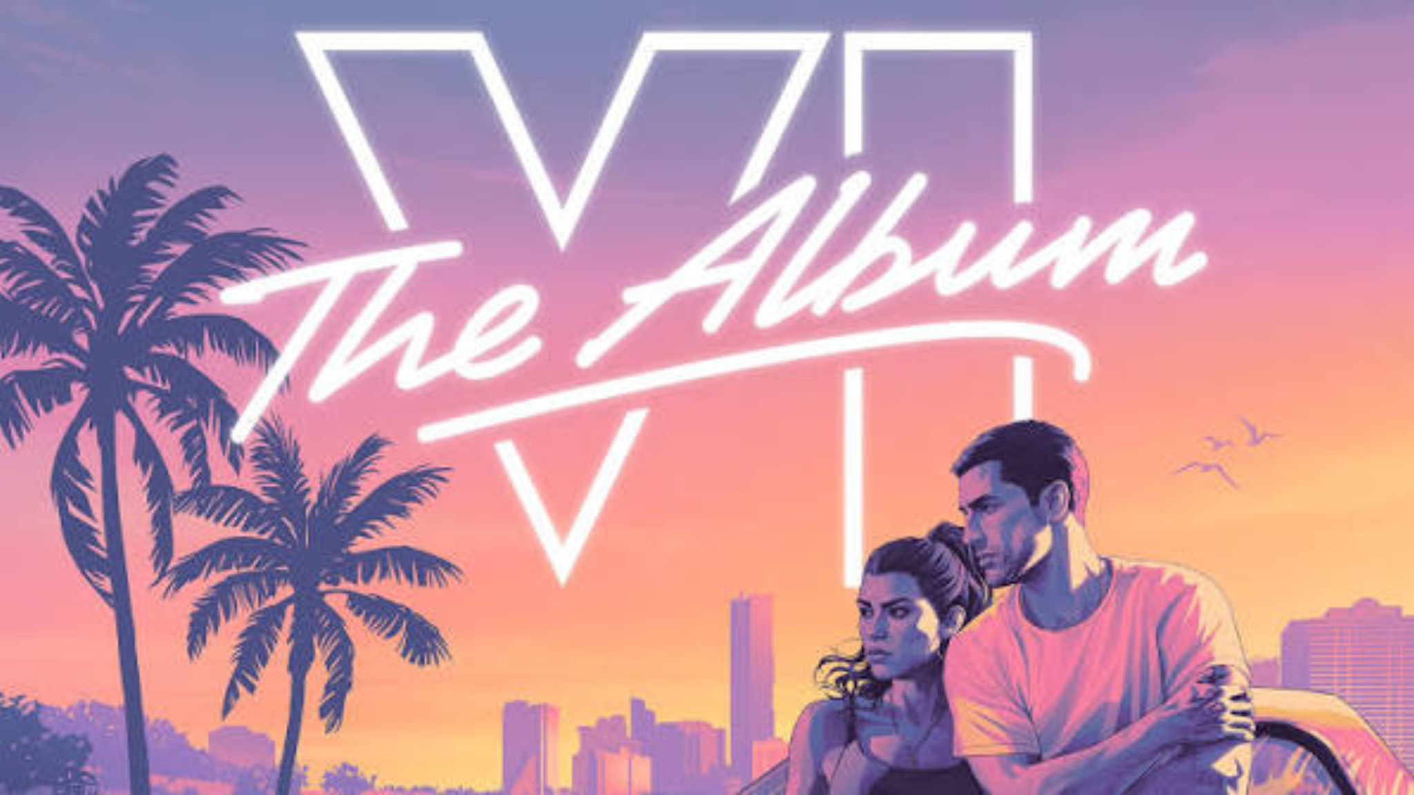 Grand Theft Auto VI: The Album artwork featuring a Vice City sunset, palm trees and the game’s two main characters