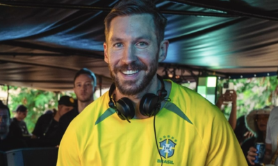 Calvin Harris wearing a Brazil football shirt at Bloco Skol in São Paulo