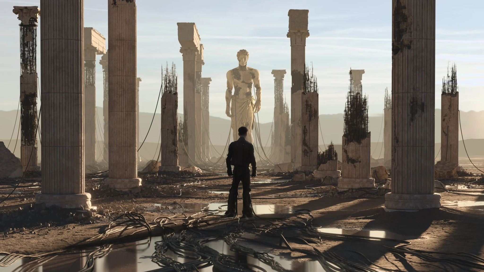 Anyma ÆDEN visual featuring a lone figure surrounded by ruined classical columns, exposed structures and a large statue in the distance.