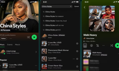 Spotify interface showing an AI Persona badge on an AI-generated artist profile as music platforms introduce new transparency measures around AI-generated music.