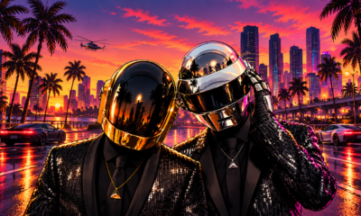 Artistic illustration of two helmeted electronic music performers against a neon sunset cityscape.