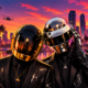 Artistic illustration of two helmeted electronic music performers against a neon sunset cityscape.