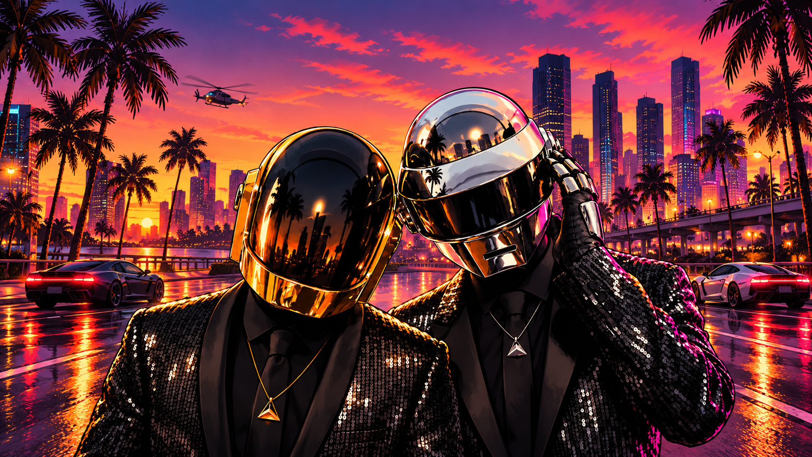 Artistic illustration of two helmeted electronic music performers against a neon sunset cityscape.