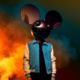 deadmau5 wearing his mau5head helmet against a smoky orange and blue background
