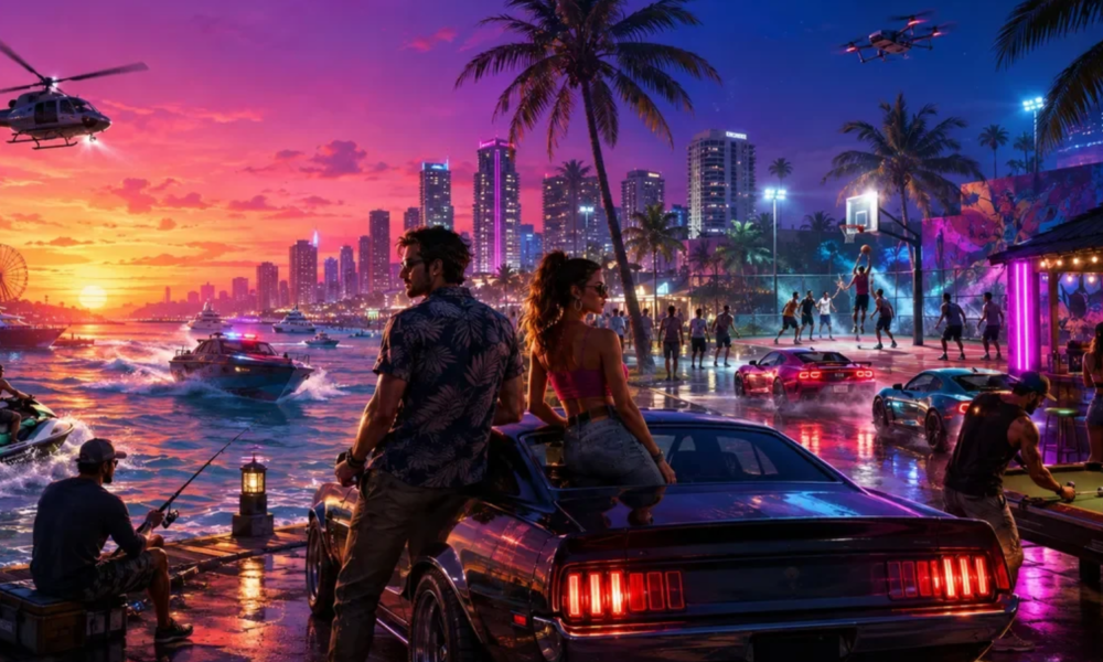Grand Theft Auto VI artwork showing two characters beside a car in Vice City with the skyline, palm trees and waterfront behind them