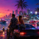 Grand Theft Auto VI artwork showing two characters beside a car in Vice City with the skyline, palm trees and waterfront behind them