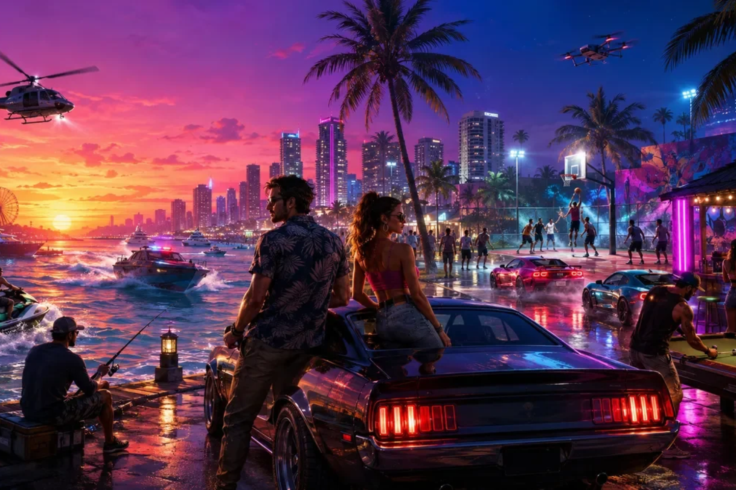 Grand Theft Auto VI artwork showing two characters beside a car in Vice City with the skyline, palm trees and waterfront behind them