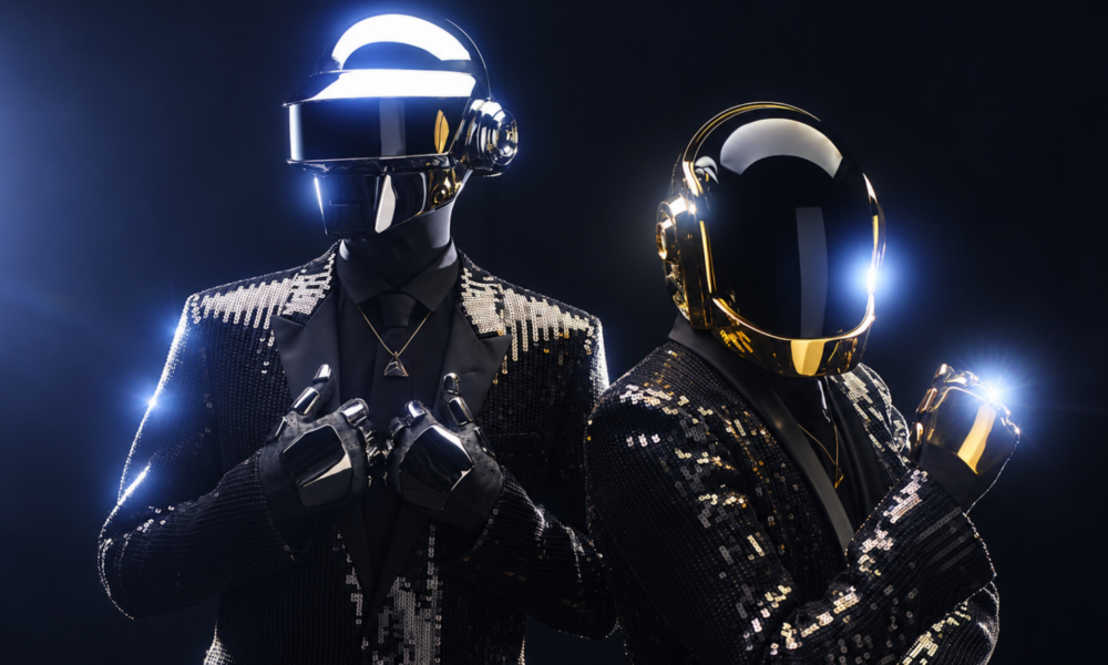 Daft Punk wearing their robot helmets and black sequined suits in a promotional photo