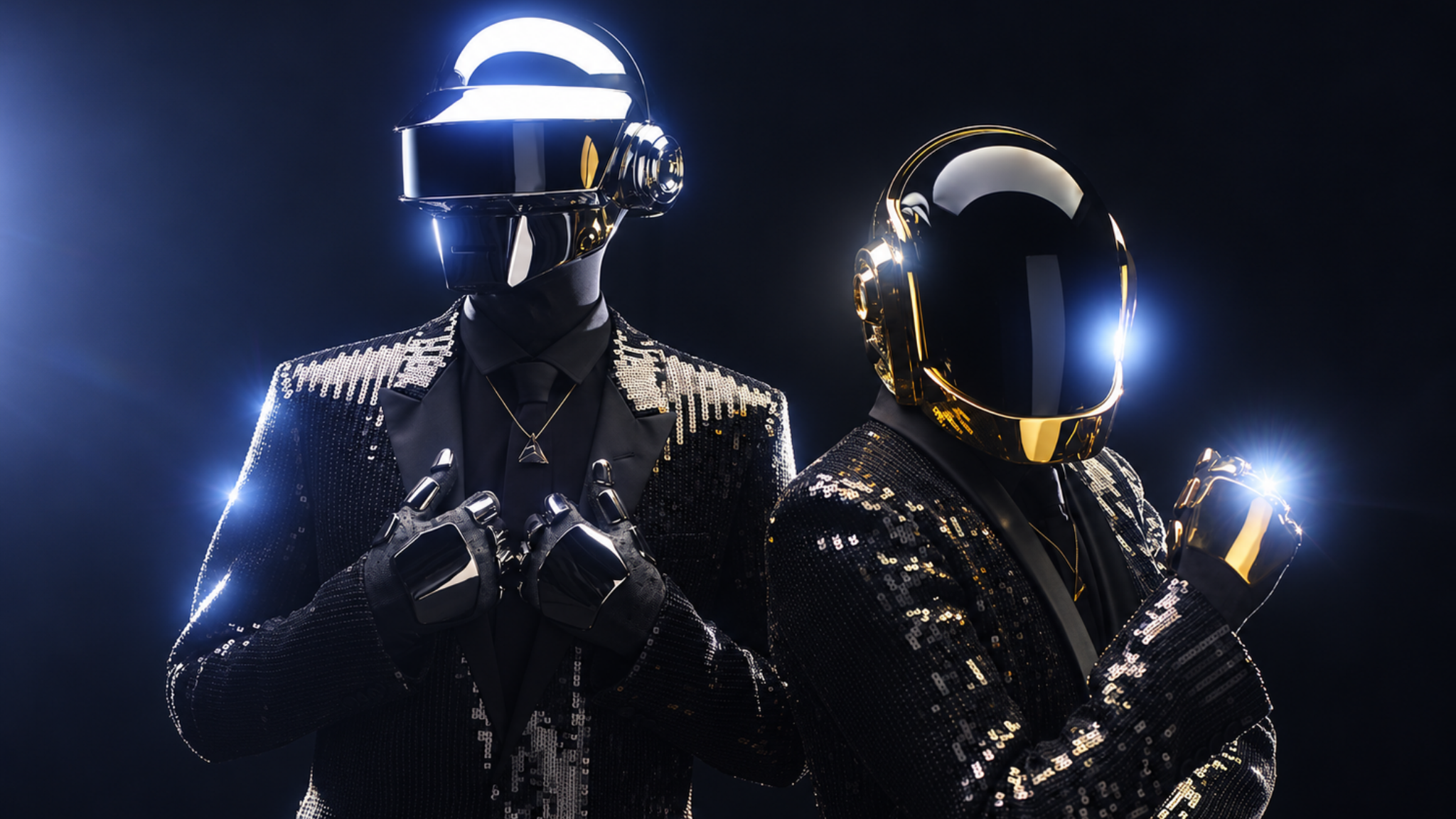Daft Punk wearing their robot helmets and black sequined suits in a promotional photo