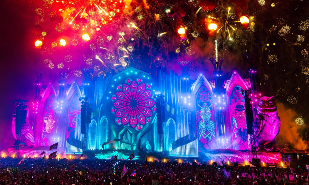 EDC Thailand festival stage with fireworks above the crowd ahead of the December 18–20 daily lineup at Rhythm Park Phuket.