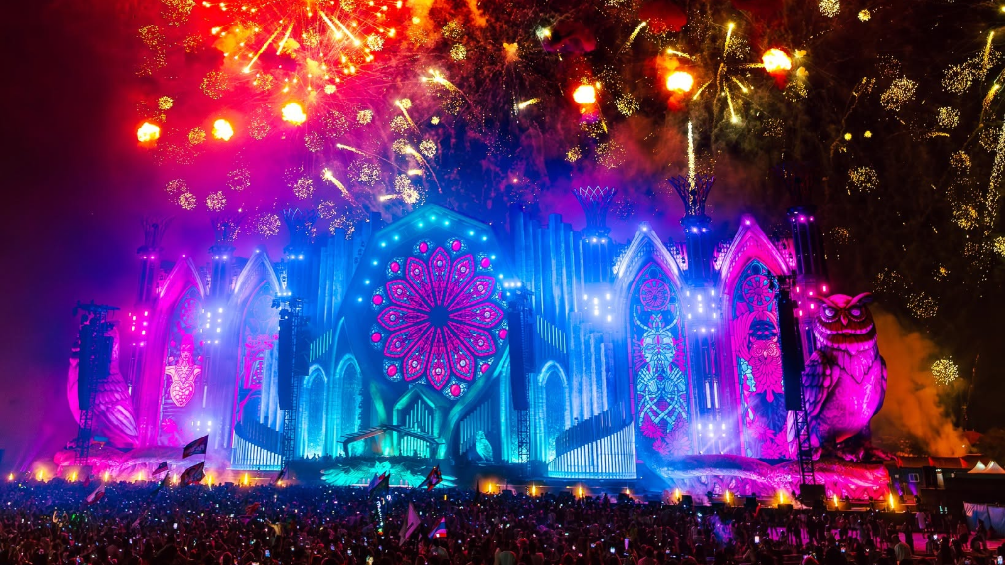 EDC Thailand festival stage with fireworks above the crowd ahead of the December 18–20 daily lineup at Rhythm Park Phuket.
