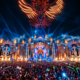 EDC Las Vegas stage lit up at night with fireworks above a large crowd