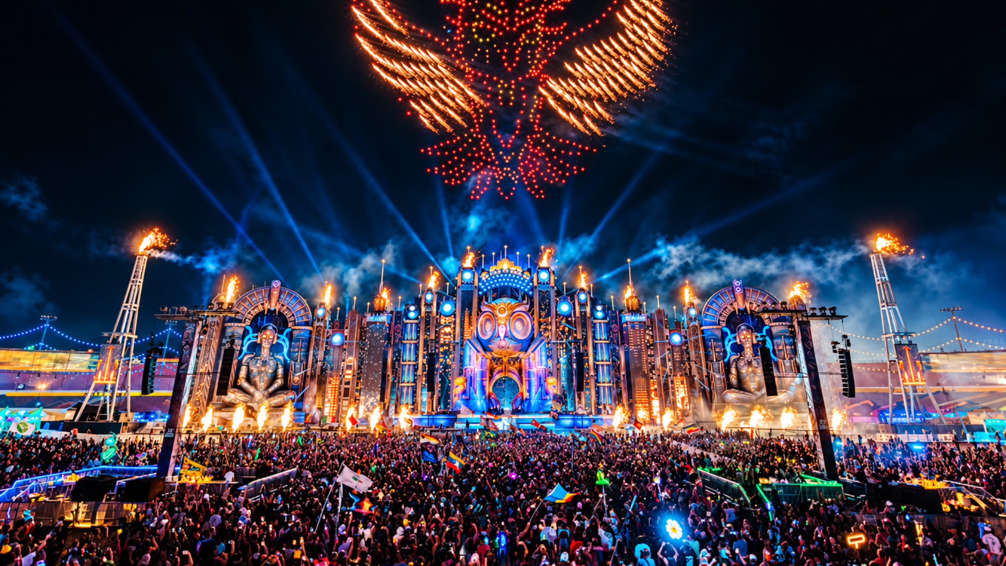 EDC Las Vegas stage lit up at night with fireworks above a large crowd
