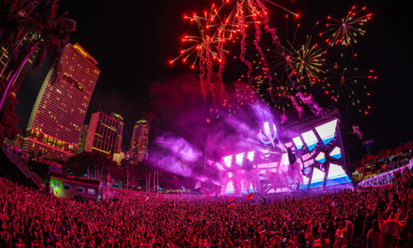 Ultra Music Festival Main Stage at Bayfront Park in Miami with fireworks above a large nighttime crowd