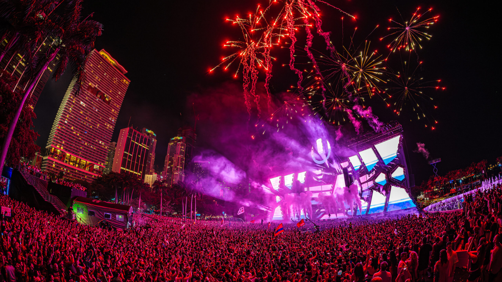 Ultra Music Festival Main Stage at Bayfront Park in Miami with fireworks above a large nighttime crowd