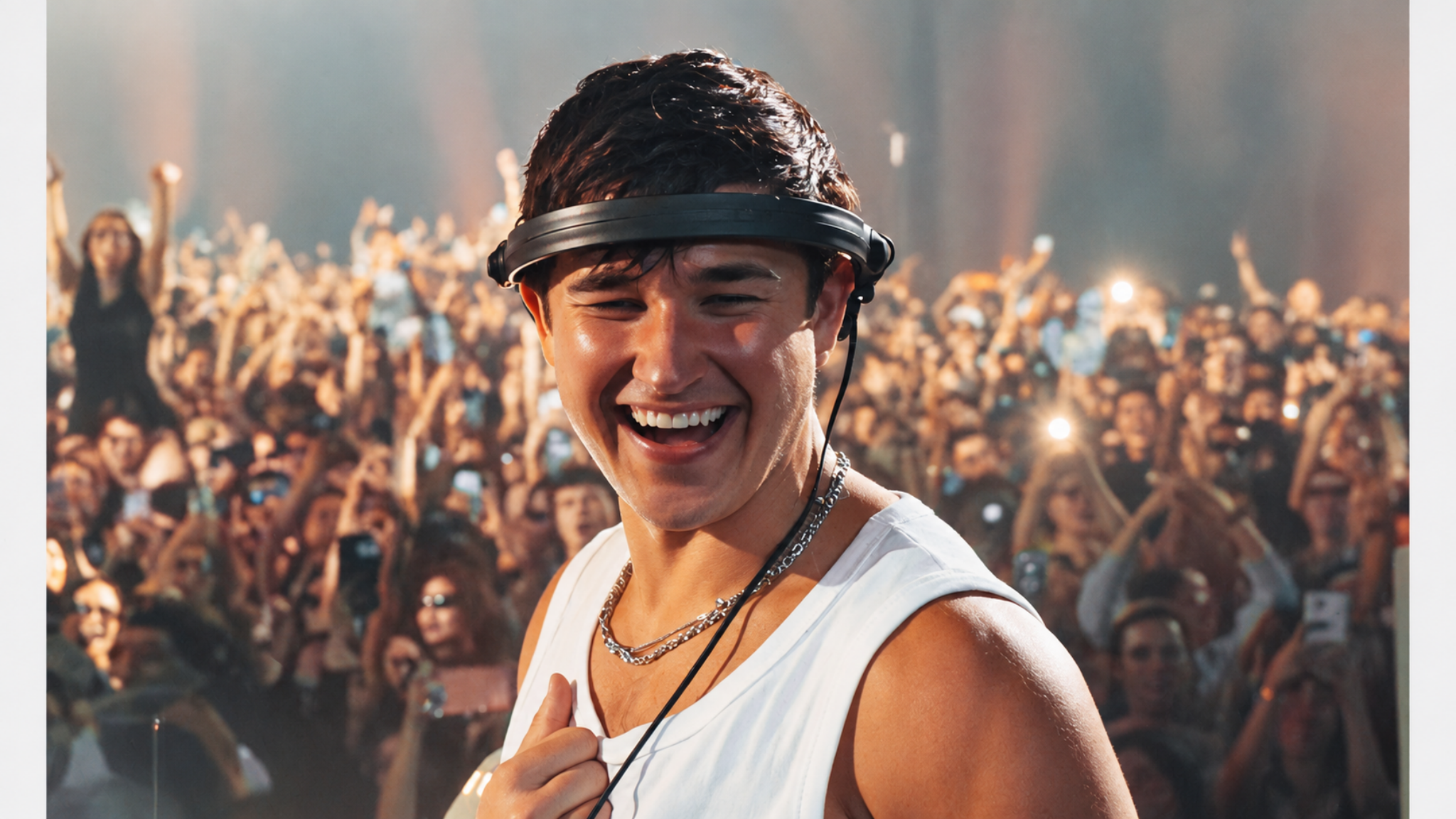 John Summit smiling during a live performance with a large crowd behind him