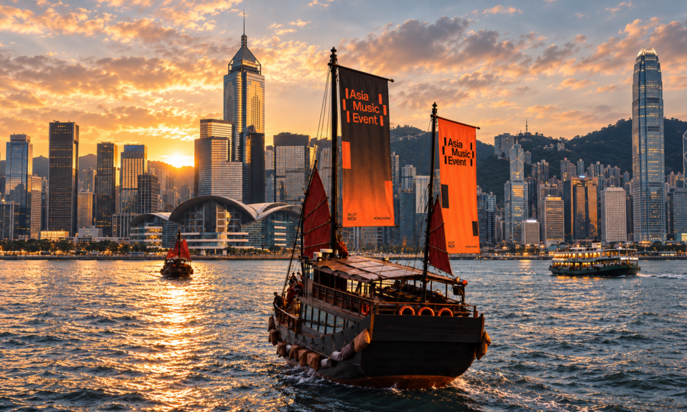 Asia Music Event branding on traditional boats in Hong Kong Harbour ahead of the November 2026 event