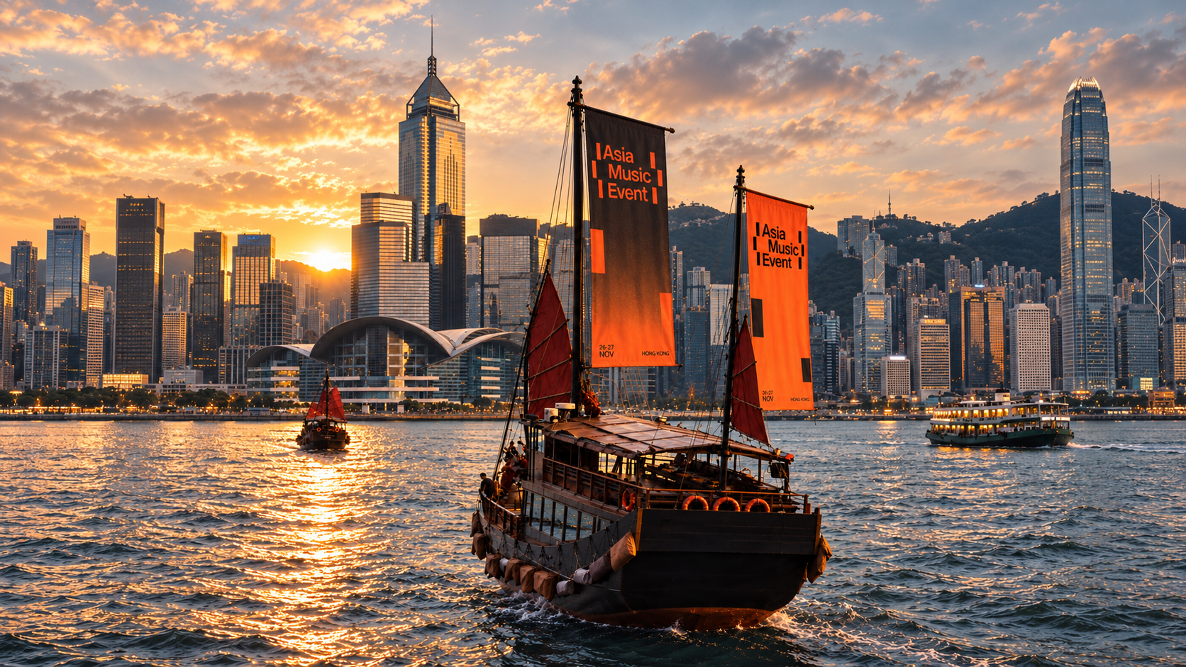 Asia Music Event branding on traditional boats in Hong Kong Harbour ahead of the November 2026 event