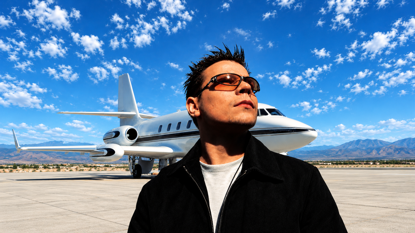 ATB standing in front of a private jet for the 28th anniversary of his trance classic 9 PM