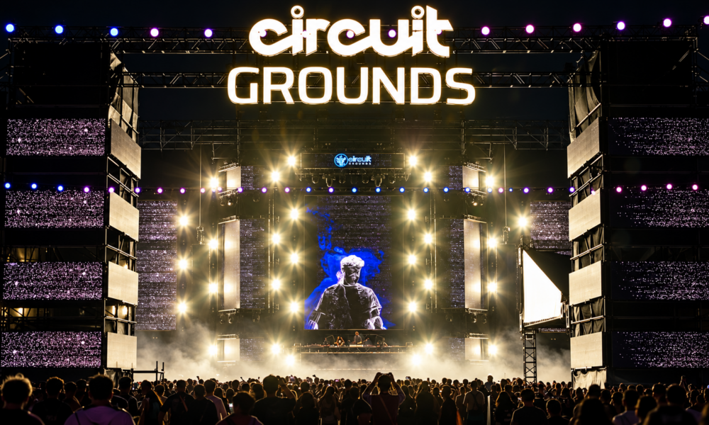 Crowd facing the circuitGROUNDS stage with large LED screens and bright lighting at EDC