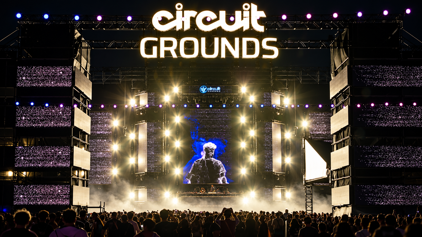 Crowd facing the circuitGROUNDS stage with large LED screens and bright lighting at EDC