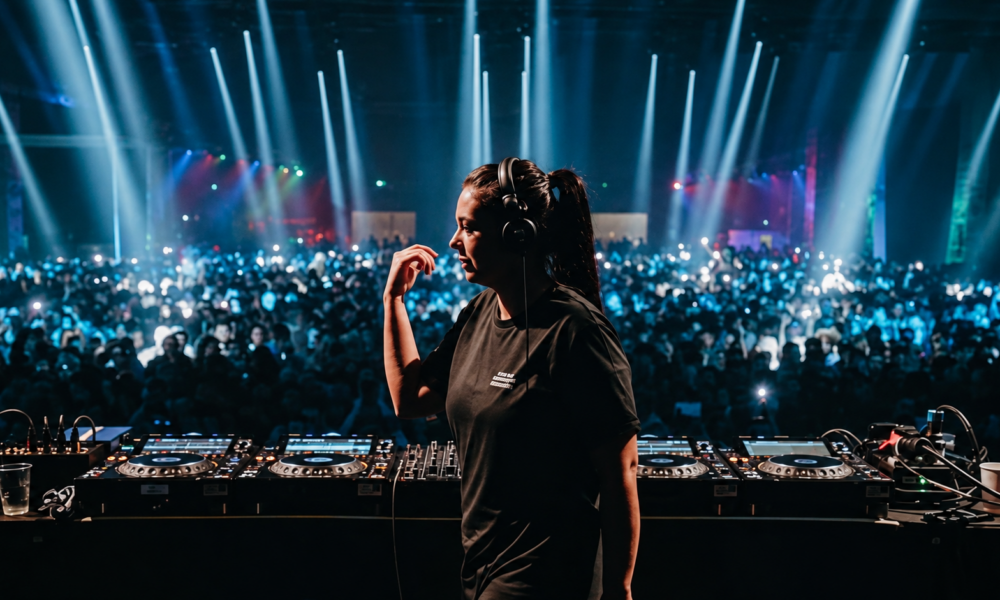 Hannah Laing performing behind the decks in front of a large crowd during a live electronic dance music show