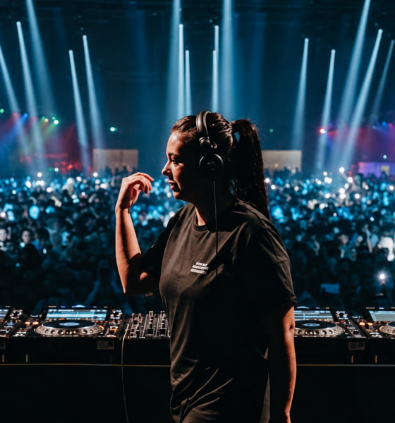 Hannah Laing performing behind the decks in front of a large crowd during a live electronic dance music show