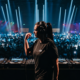 Hannah Laing performing behind the decks in front of a large crowd during a live electronic dance music show