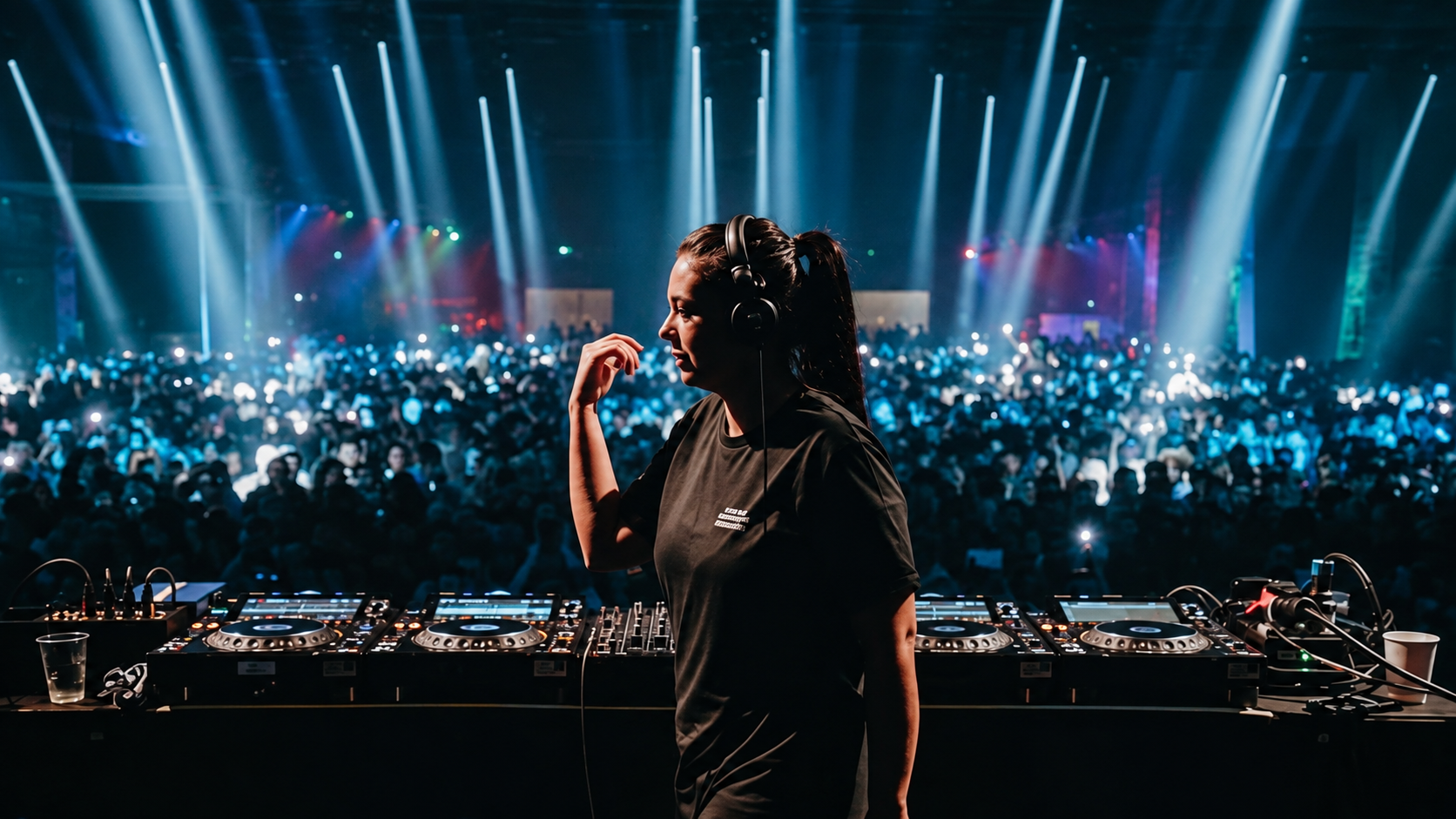 Hannah Laing performing behind the decks in front of a large crowd during a live electronic dance music show