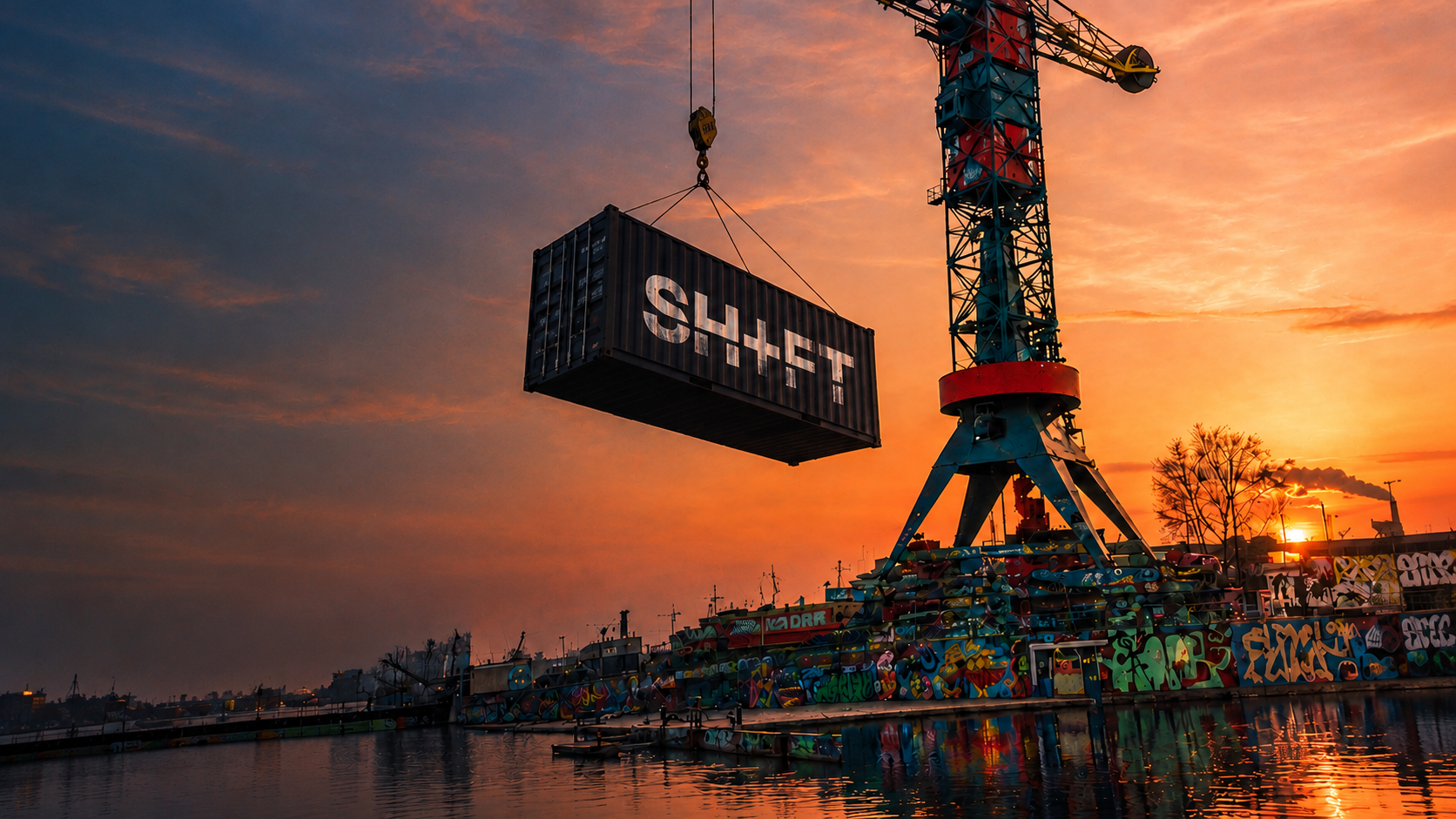 A SHIFT-branded shipping container suspended from a crane above a graffiti-covered waterfront at sunset.